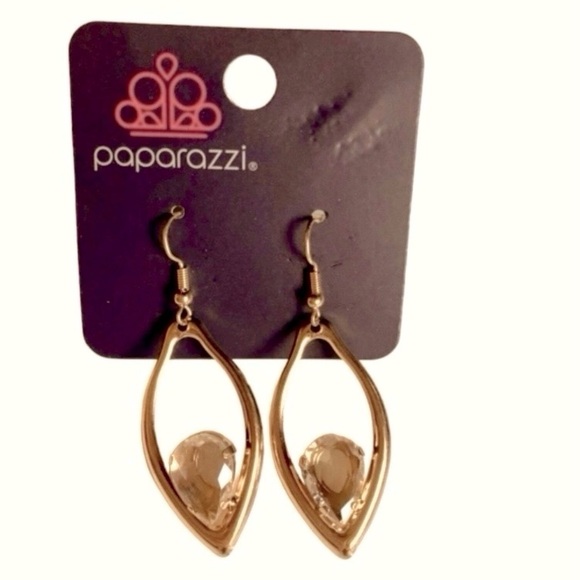 paparazzi Jewelry - NWT Gold Teardrop Earrings with Gold Crystal Gems